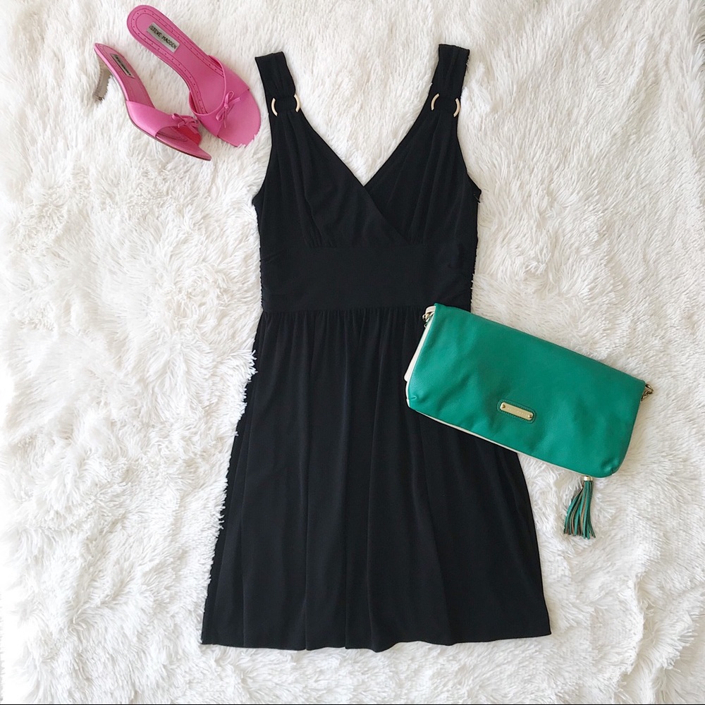 White House Black Market black dress surplice neckline gold accents Sz 4